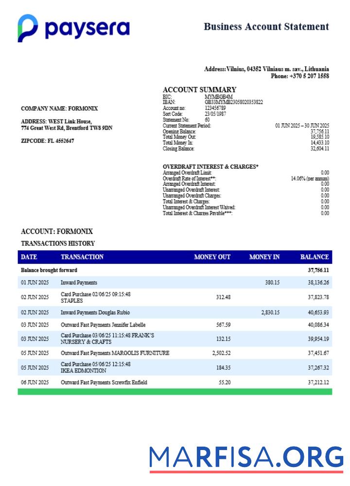 Downloadable Lithuanian Paysera firm account statement Word and PDF template (1)
